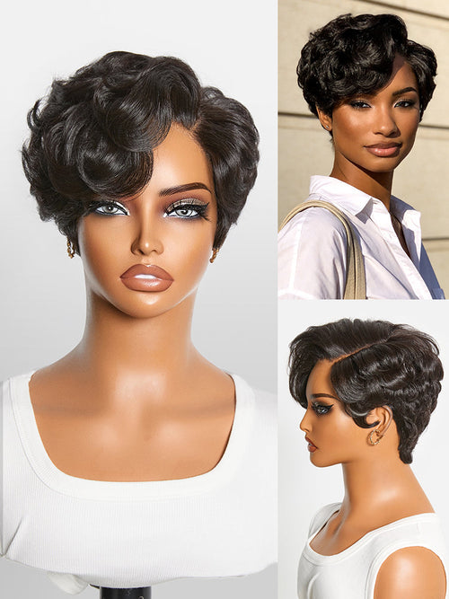 New Customers Only | Beginner Friendly Natural Black Lightweight Roll Curl Glueless Minimalist HD Lace Short Pixie Cut Wig Pre Cut Lace