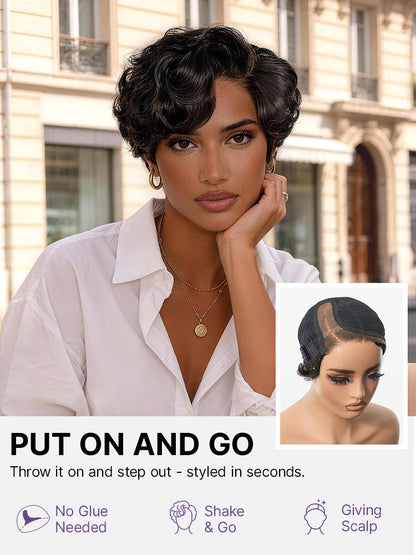 New Customers Only | Beginner Friendly Natural Black Lightweight Roll Curl Glueless Minimalist HD Lace Short Pixie Cut Wig Pre Cut Lace