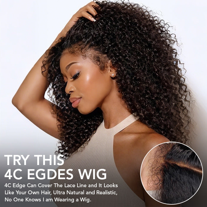 4C Curly Edges Hairline Glueless Curly Lace Front Human Hair Wig With Super Natural Hairline 220% Density