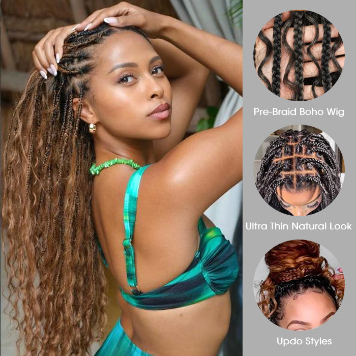 Knotless Boho Braids HD 13x6 Lace Frontal Human Hair Wig Flexi Fit Drawstring Cap Water Wave Glueless Braided Wigs For Women