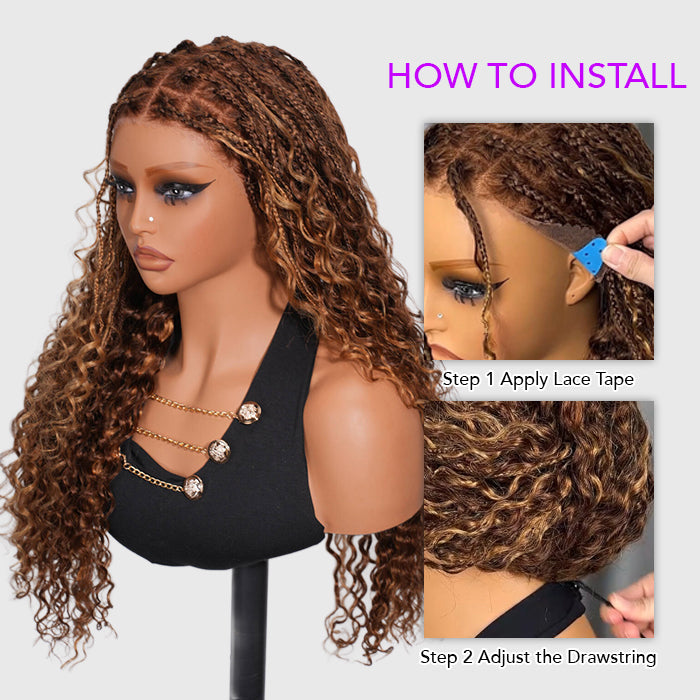 Knotless Boho Braids HD 13x6 Lace Frontal Human Hair Wig Flexi Fit Drawstring Cap Water Wave Glueless Braided Wigs For Women