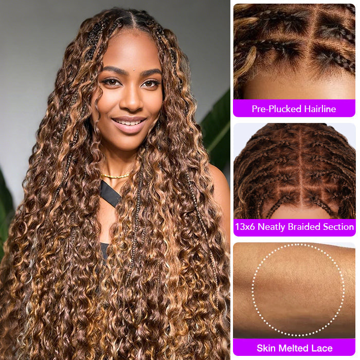 Knotless Boho Braids HD 13x6 Lace Frontal Human Hair Wig Flexi Fit Drawstring Cap Water Wave Glueless Braided Wigs For Women