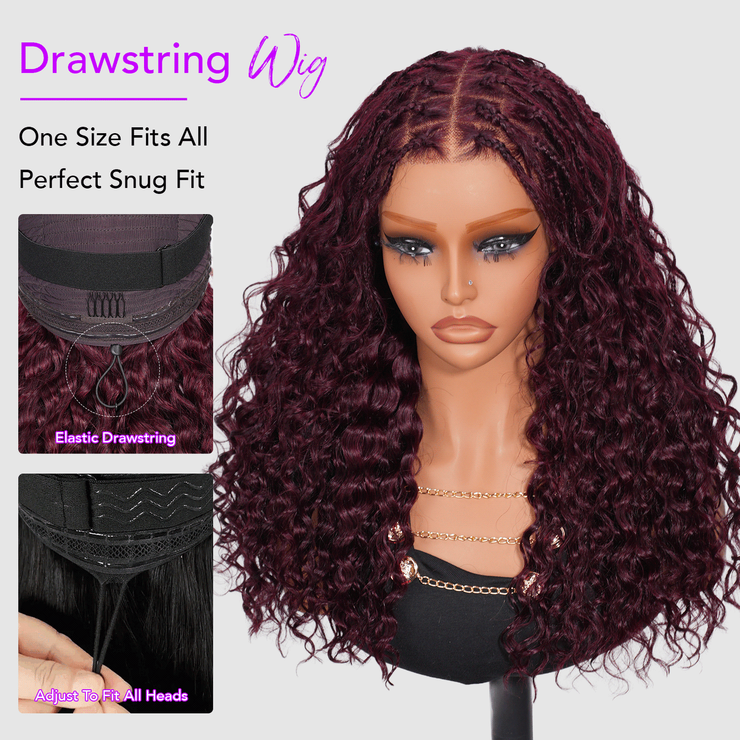 Knotless Boho Braids HD 13x6 Lace Frontal Human Hair Wig Flexi Fit Drawstring Cap Water Wave Glueless Braided Wigs For Women
