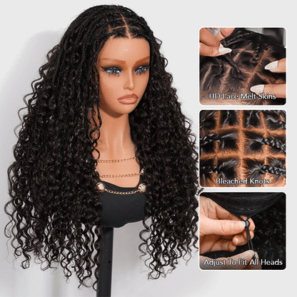 Knotless Boho Braids HD 13x6 Lace Frontal Human Hair Wig Flexi Fit Drawstring Cap Water Wave Glueless Braided Wigs For Women
