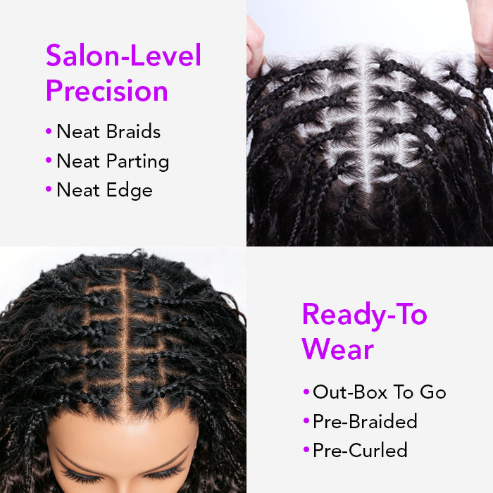 Knotless Boho Braids HD 13x6 Lace Frontal Human Hair Wig Flexi Fit Drawstring Cap Water Wave Glueless Braided Wigs For Women