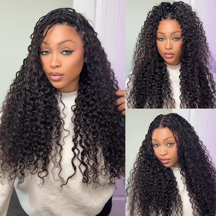 Knotless Boho Braids HD 13x6 Lace Frontal Human Hair Wig Flexi Fit Drawstring Cap Water Wave Glueless Braided Wigs For Women